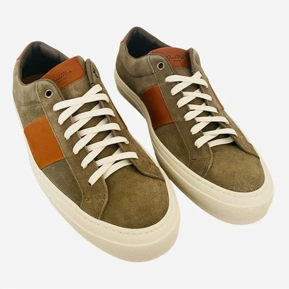 Good Man Brand Men’s Sneakers 9.5 Army Green Suede Brown Leather Low Top Italian - Picture 2 of 10
